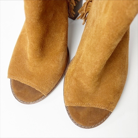 Lucky Brand Lantau Fringe Open Toe Booties 8 suede leather peep toe ankle boots - Picture 3 of 12